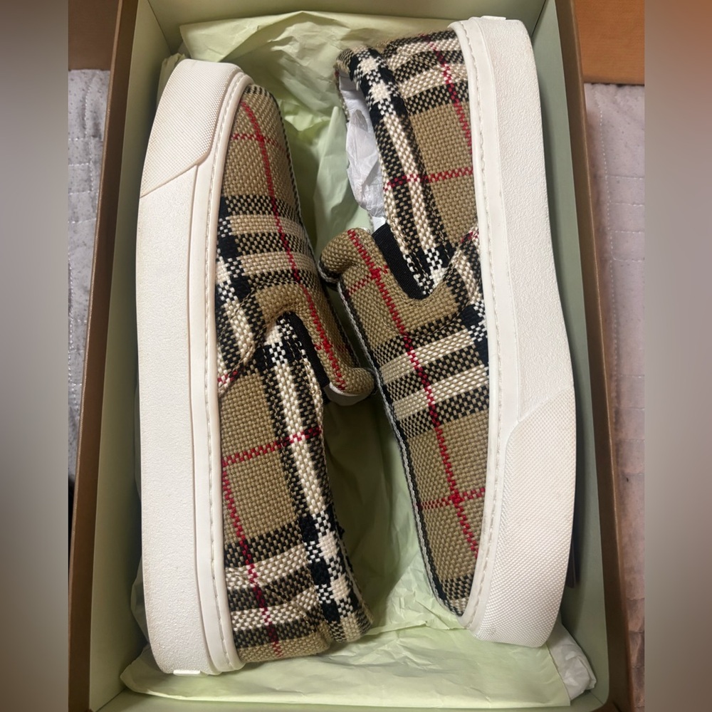 Burberry Beige and Black Check Slip-On Loafers - Picture 8 of 10